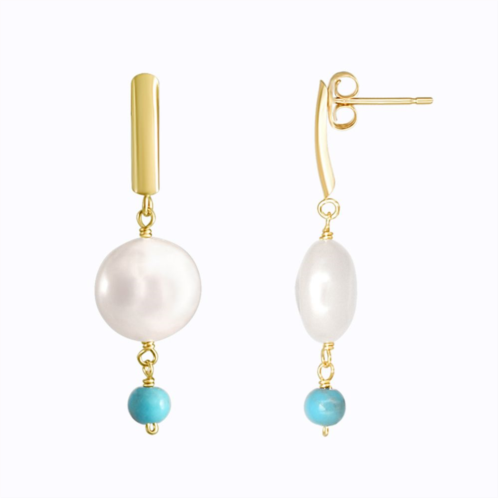 Jewelmak 14k Gold Freshwater Cultured Coin Pearl & Turquoise Dangle Post Earrings