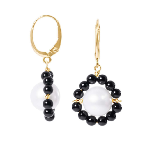 Jewelmak 14k Gold Freshwater Cultured Pearl & Black Onyx Flower Leverback Earrings