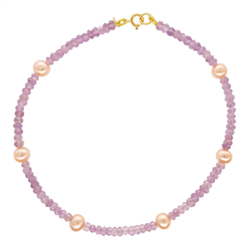 Jewelmak 14k Gold Amethyst & Pink Freshwater Cultured Pearl Anklet