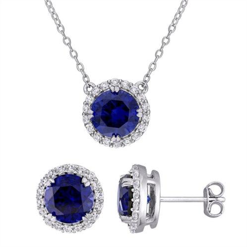 Stella Grace Sterling Silver Lab-Created Blue & White Sapphire Halo Earring & Pendant Necklace Set