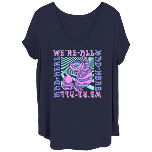 Disneys Alice In Wonderland Juniors Plus Size Cheshire Cat Were All Mad Box Up V-Neck Graphic Tee