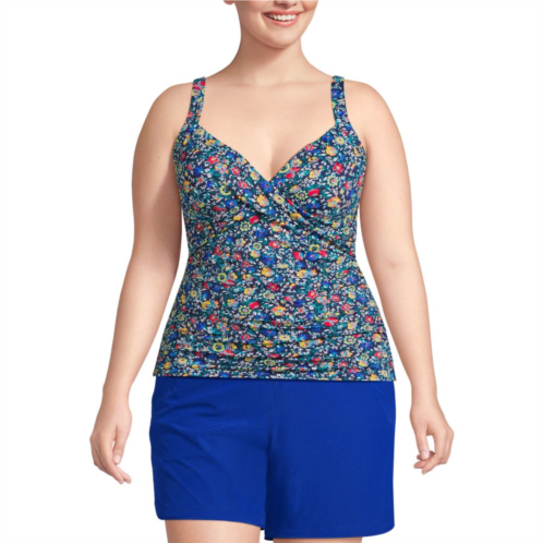 Plus Size Lands End G-Cup UPF 50 Print V-Neck Wrap Tummy Slimmer Tankini Top