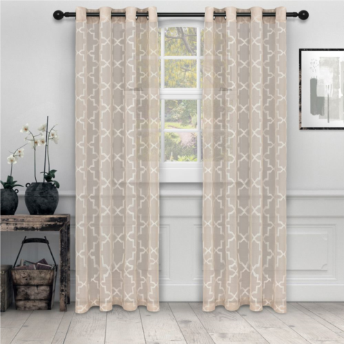 Superior Set of 2 Embroidered Semi-Sheer Quatrefoil Window Curtain Panels