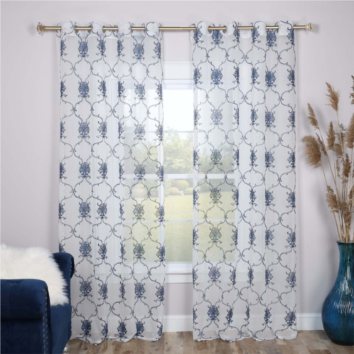 Superior Embroidered Elegant Scroll Sheer Grommet 2-Pack Window Curtain Set