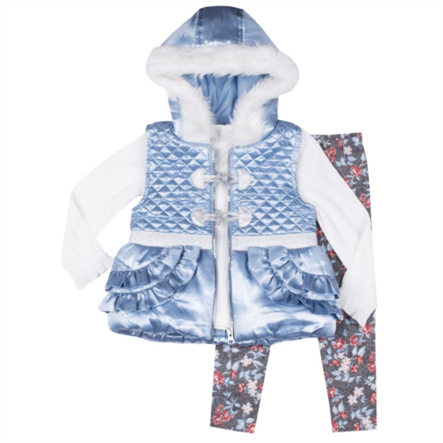 Baby & Toddler Girl Little Lass Metallic Puffer Vest, Floral Print Long Sleeve Tee, & Floral Leggings Set