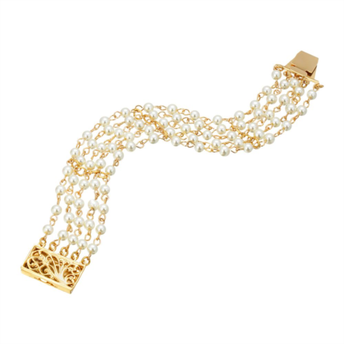 1928 Gold Tone Simulated Pearl Five Row Bracelet