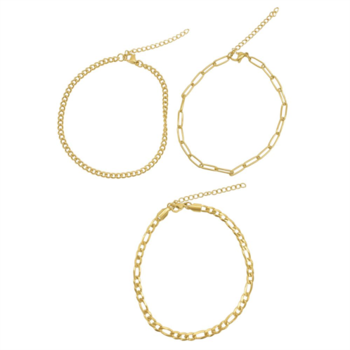 Adornia 14k Gold Plated Stainless Steel Curb Chain, Paper Clip Chain & Figaro Chain Anklet Set