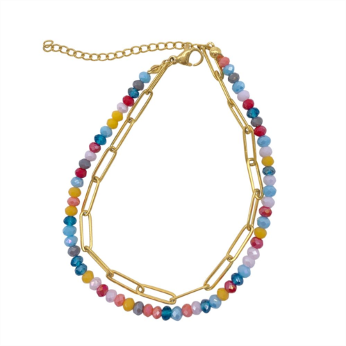 Adornia 14k Gold Plated Multicolor Bead & Paper Clip Chain Double Strand Bracelet