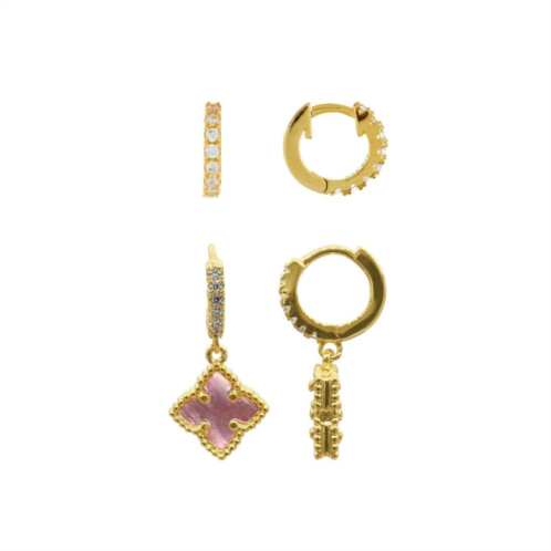 Adornia 14k Gold Plated Cubic Zirconia Pink Mother-of-Pearl Huggie Hoop Earring Duo Set