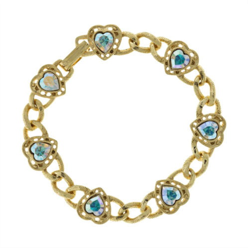1928 Gold Tone Simulated Crystal Heart Chain Bracelet