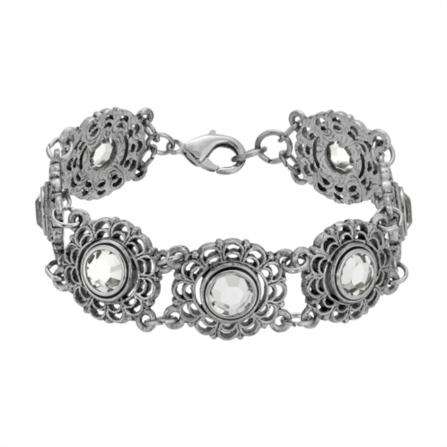 1928 Silver Tone Round Crystal Stone Bracelet