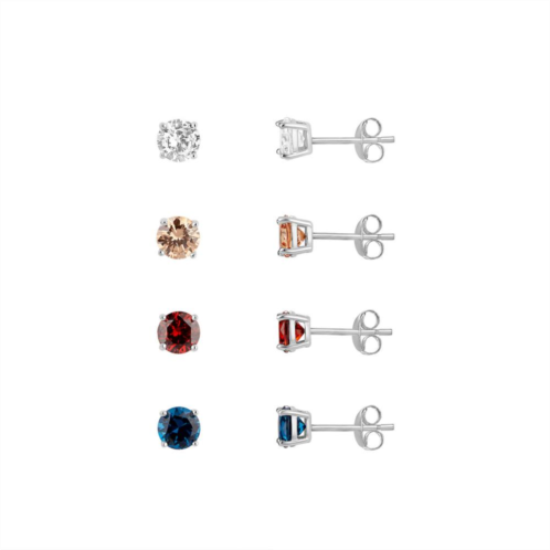 PRIMROSE 4 Pair Sterling Silver Multi Color Cubic Zirconia Stud Earring Set