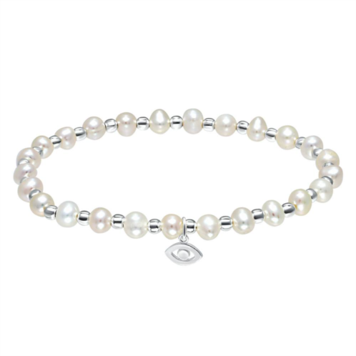 Aleure Precioso Sterling Silver Bead & Freshwater Cultured Pearl Evil Eye Charm Stretch Bracelet