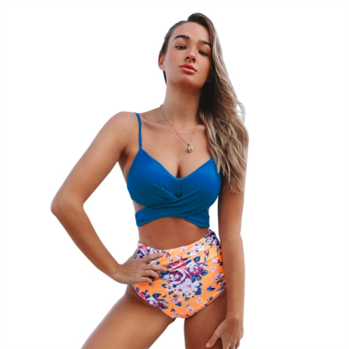Womens CUPSHE High-Waist Bikini Bottoms & Floral Print Top Two-Piece Swimsuit Set