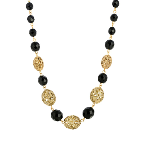 1928 Gold Tone Filigree Bead and Black Beaded Necklace
