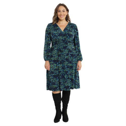 Plus Size London Times V-Neck Smocked Waist Midi Dress