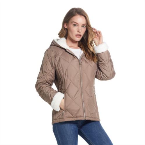 Womens Weathercast Sherpa-Trim Quilted Puffer Jacket