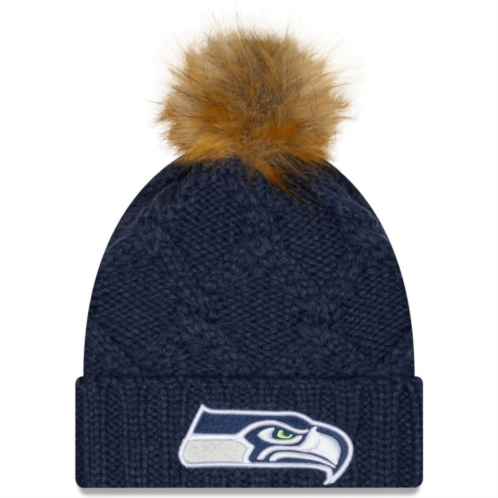 Womens New Era College Navy Seattle Seahawks Luxe Cuffed Knit Hat with Pom