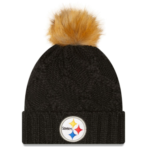 Womens New Era Black Pittsburgh Steelers Luxe Cuffed Knit Hat with Pom