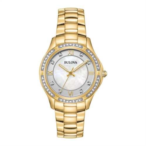 Bulova Womens Gold-Tone Stainless Steel Mother Of Pearl & Crystal Accent Watch - 98L256