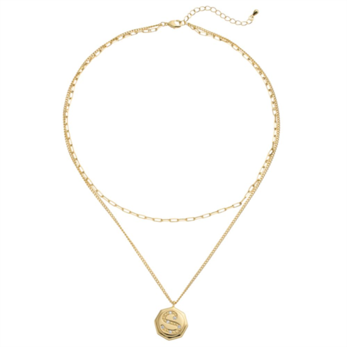 City Luxe Gold Tone Layered Initial Disc Necklace with Cubic Zirconia