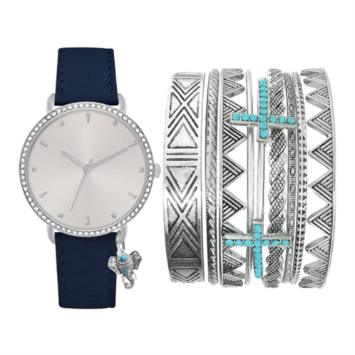 Jessica Carlyle Womens Elephant Charm Crystal Watch & Silver Tone Bracelet Set