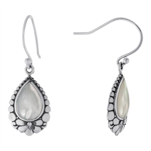 Main and Sterling Oxidized Sterling Silver Mother Of Pearl Flower Teardrop Earrings