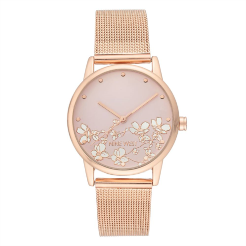 Nine West Womens Stainless Steel Mesh Bracelet Watch with Flower Dial