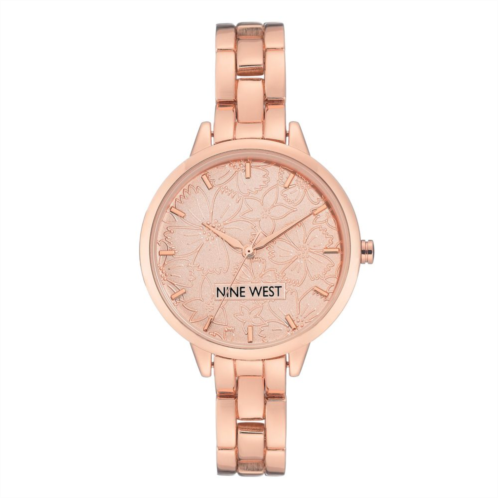 Nine West Womens Rose Gold Tone Bracelet Watch with Etched Flower Dial