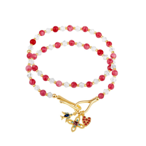 IBB Red & White Beaded Stretch Bracelet Duo Set with Crystal Heart, Flower & Hummingbird Charms