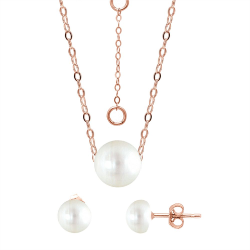 Aleure Precioso Rose Gold Over Sterling Silver Pearl Station Necklace & Stud Earrings Set