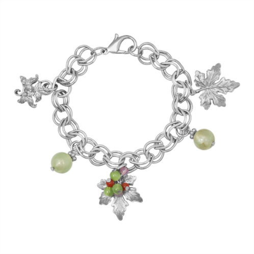 1928 Silver Tone Grape Leaves and Multi-Color Bead Accent Charm Bracelet