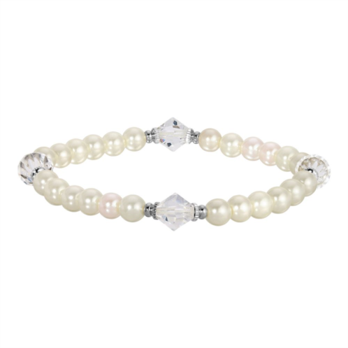 1928 Silver Tone Simulated Pearl and Lantern Bead Stretch Bracelet
