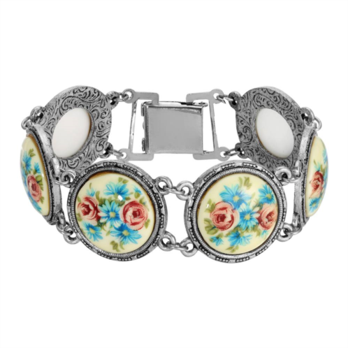 1928 Silver Tone Blue and Pink Rose Round Stone Link Bracelet