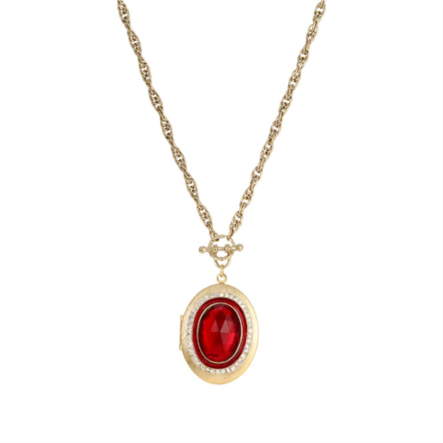 1928 Gold Tone Red Stone and Simulated Crystal Accent Oval Locket Necklace