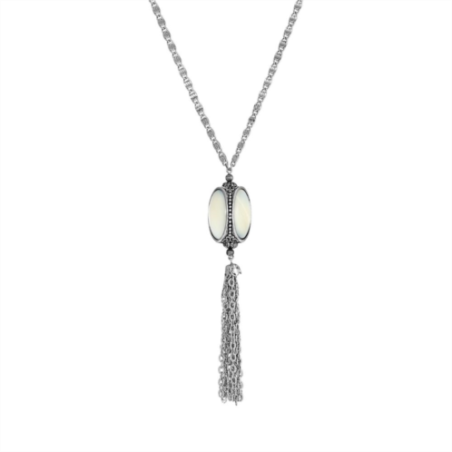 1928 Silver Tone Simulated Mother of Pearl 3 Sided Spinner Tassel Necklace