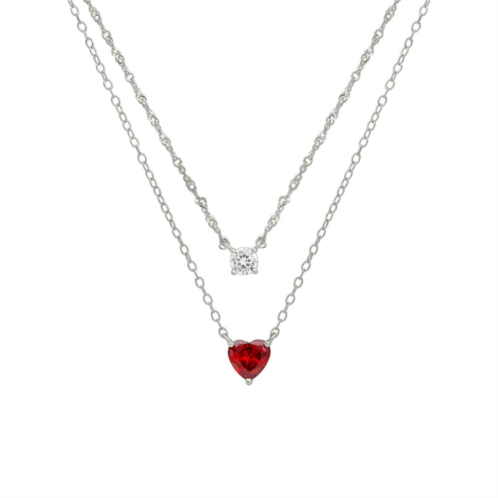 PRIMROSE Sterling Silver Red Cubic Zirconia Heart Double Strand Necklace