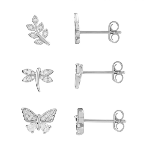 PRIMROSE Sterling Silver Cubic Zirconia Leaf, Dragonfly & Butterfly Stud Earring Trio Set