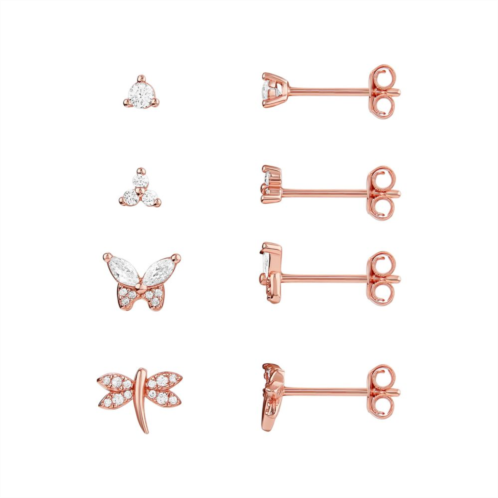 PRIMROSE 4-Pair 18k Rose Gold Plated Cubic Zirconia Dragonfly & Butterfly Stud Earring Set