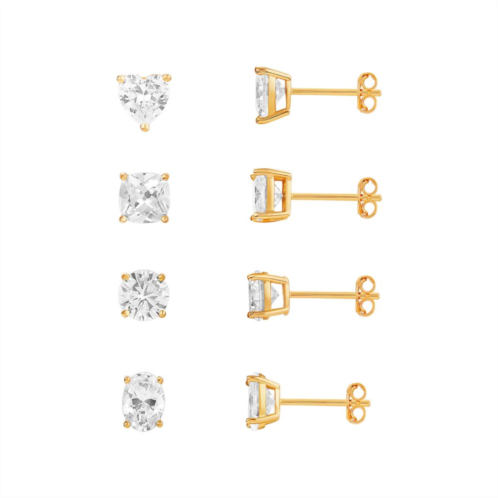 PRIMROSE 4-Pair 18k Gold Plated Cubic Zirconia Stud Earring Set