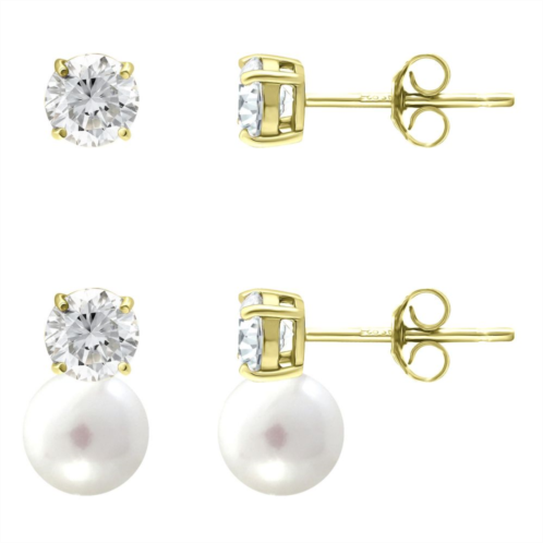 Aleure Precioso 18k Gold Over Silver 2 Pair Cubic Zirconia & Freshwater Cultured Pearl Stud Earrings Set