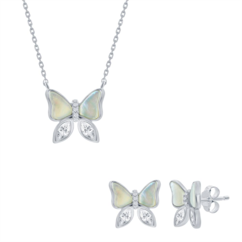 Argento Bella Sterling Silver Mother-of-Pearl & Cubic Zirconia Butterfly Necklace & Stud Earring Set