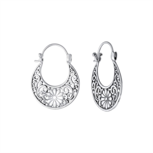 Athra NJ Inc Sterling Silver Oxidized Flower Swirl Hoop Earrings