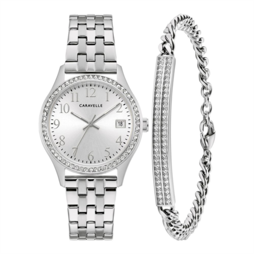 Caravelle by Bulova Womens Crystal Accented Stainless Steel Watch & Crystal Bracelet Box Set