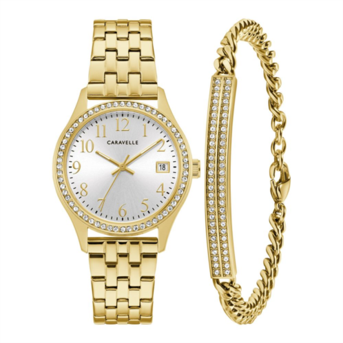 Caravelle by Bulova Womens Crystal Accented Gold Tone Stainless Steel Watch & Crystal Bracelet Box Set