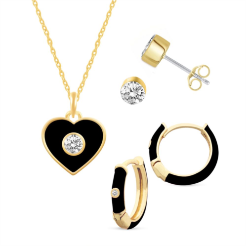 Royal Aura Heart Gold Tone Crystal & Black Enamel Heart Necklace, Huggie Earrings, & Stud Earrings Set