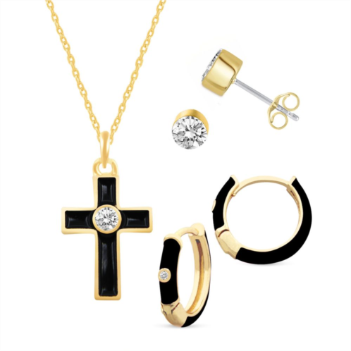 Royal Aura Gold Tone Black Enamel & Crystal Cross Pendant Necklace, Huggie Earrings, & Stud Earrings Set