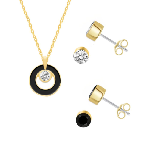 Royal Aura Black Enamel Necklace & Crystal Stud Earring Trio Set