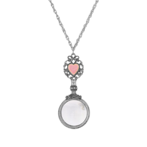 1928 Silver Tone Pink Crystal Heart Magnifying Glass Necklace