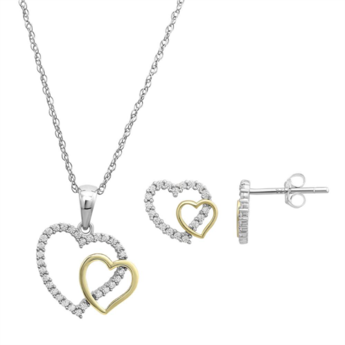 Taylor Grace 10k Gold & Sterling Silver Two-Tone Cubic Zirconia Double Open Heart Pendant Necklace & Stud Earrings Set